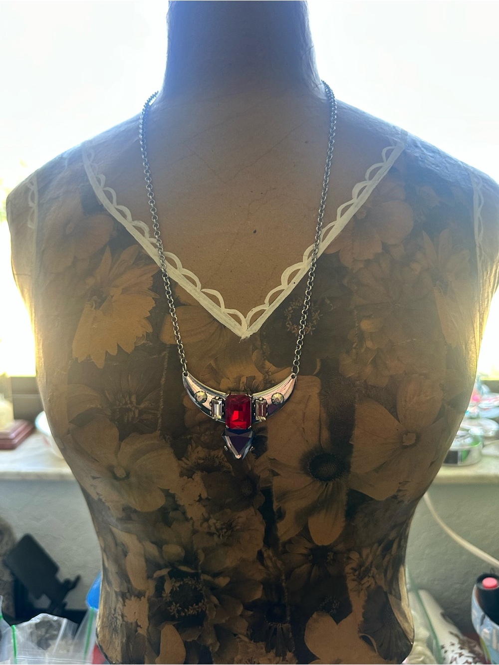 Silver-Tone Necklace with Red and Black Gem Accents - Picture 2 of 2